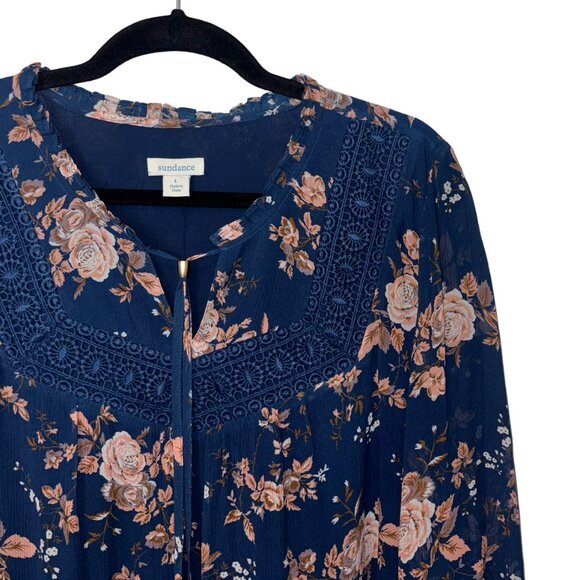 Sundance 100% Silk Blue & Coral Pink Floral Peasant Blouse - Size L - Picture 1 of 5